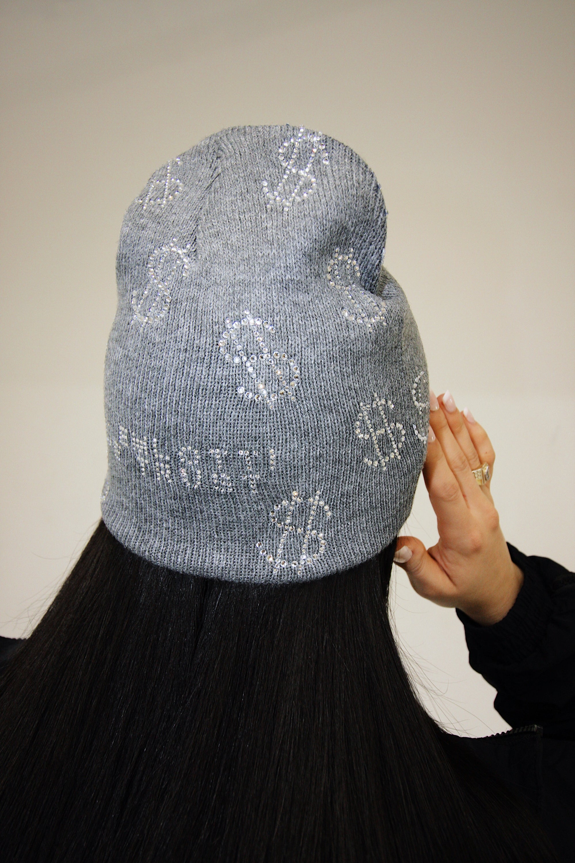 Rhinestone $ Beanie in Grey