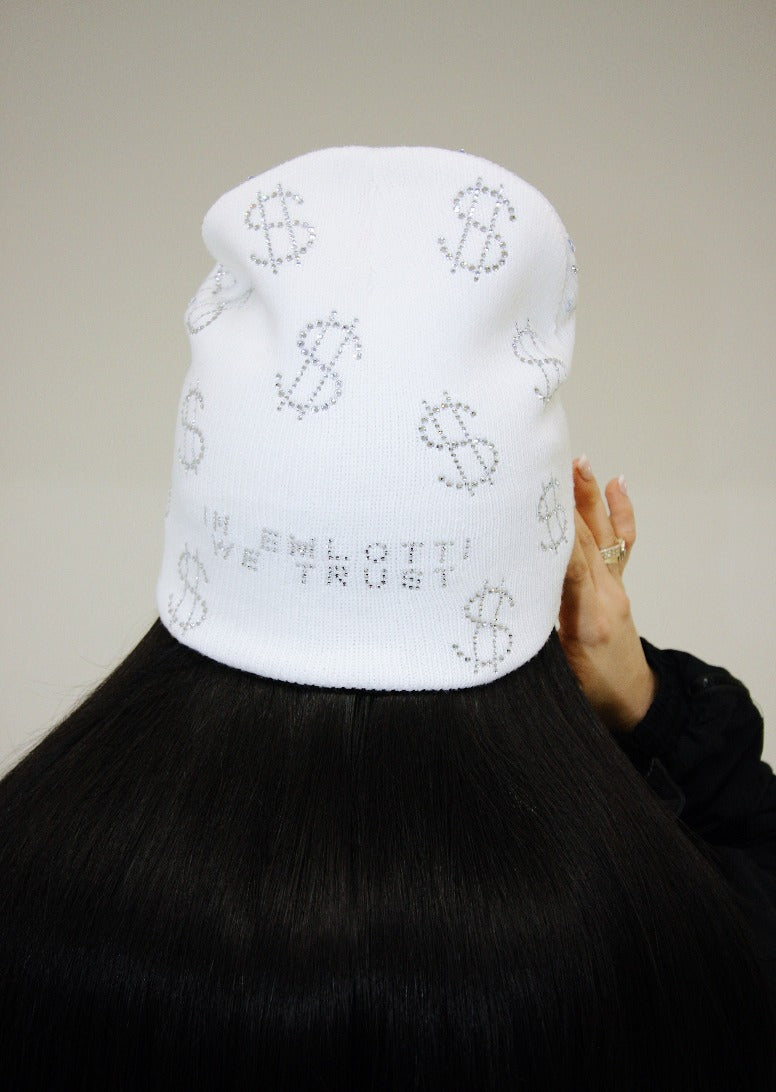 Rhinestone $ Beanie in White