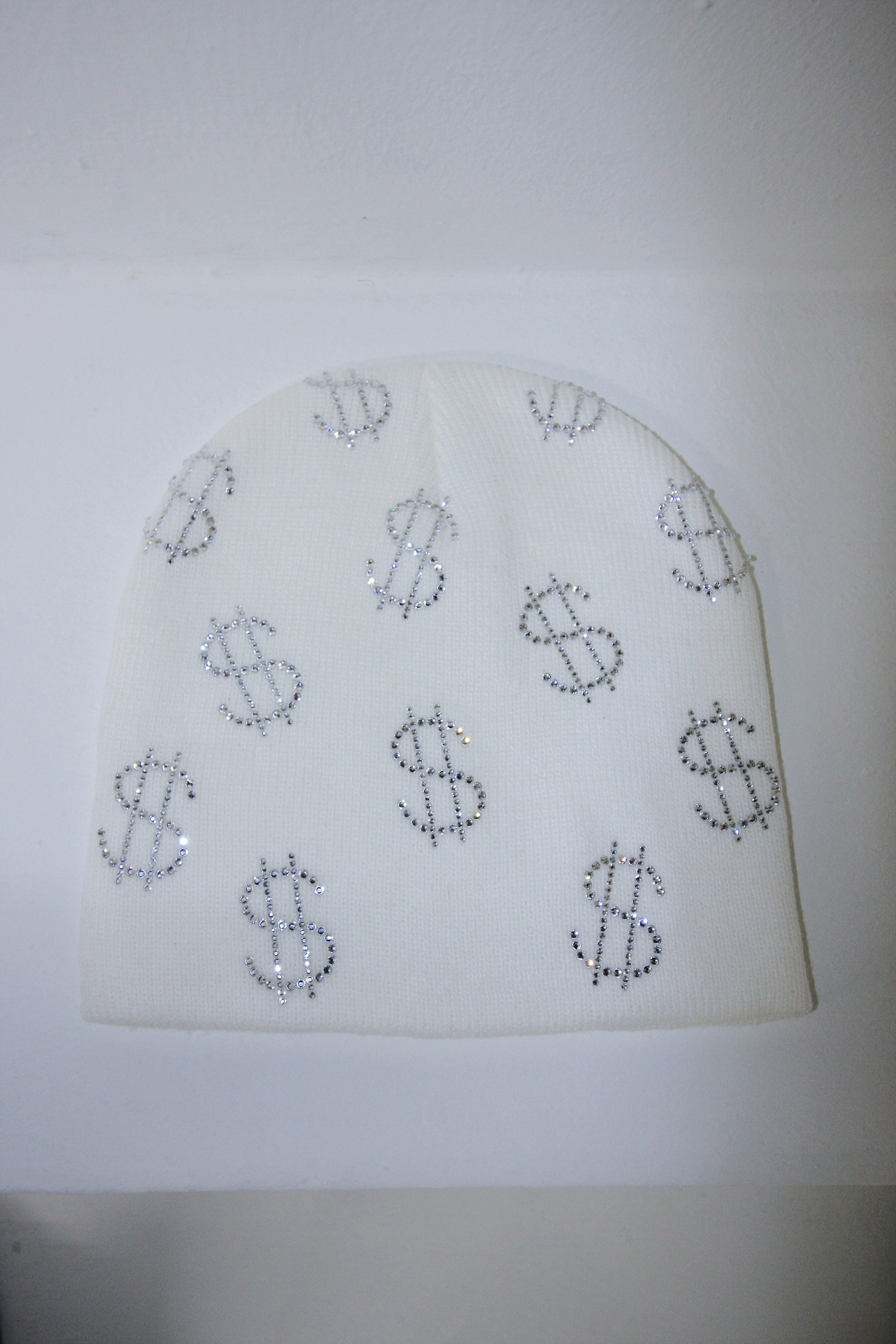 Rhinestone $ Beanie in White