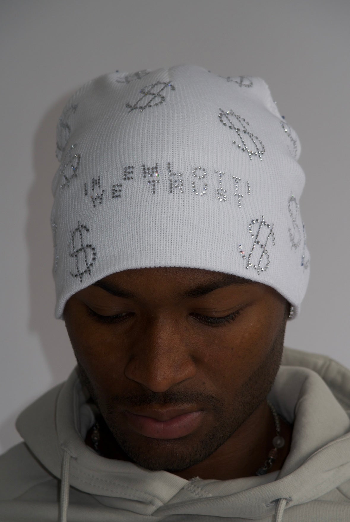 Rhinestone $ Beanie in White