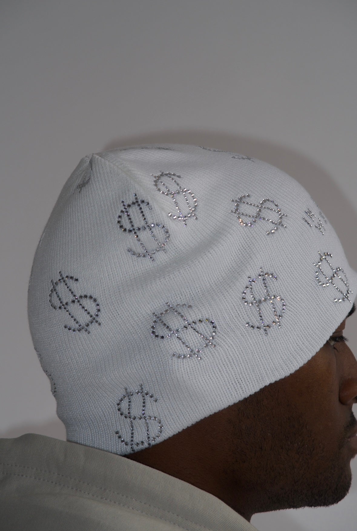 Rhinestone $ Beanie in White