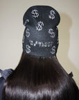 Black knit beanie with money signs in rhinestones by EMLOTTI.